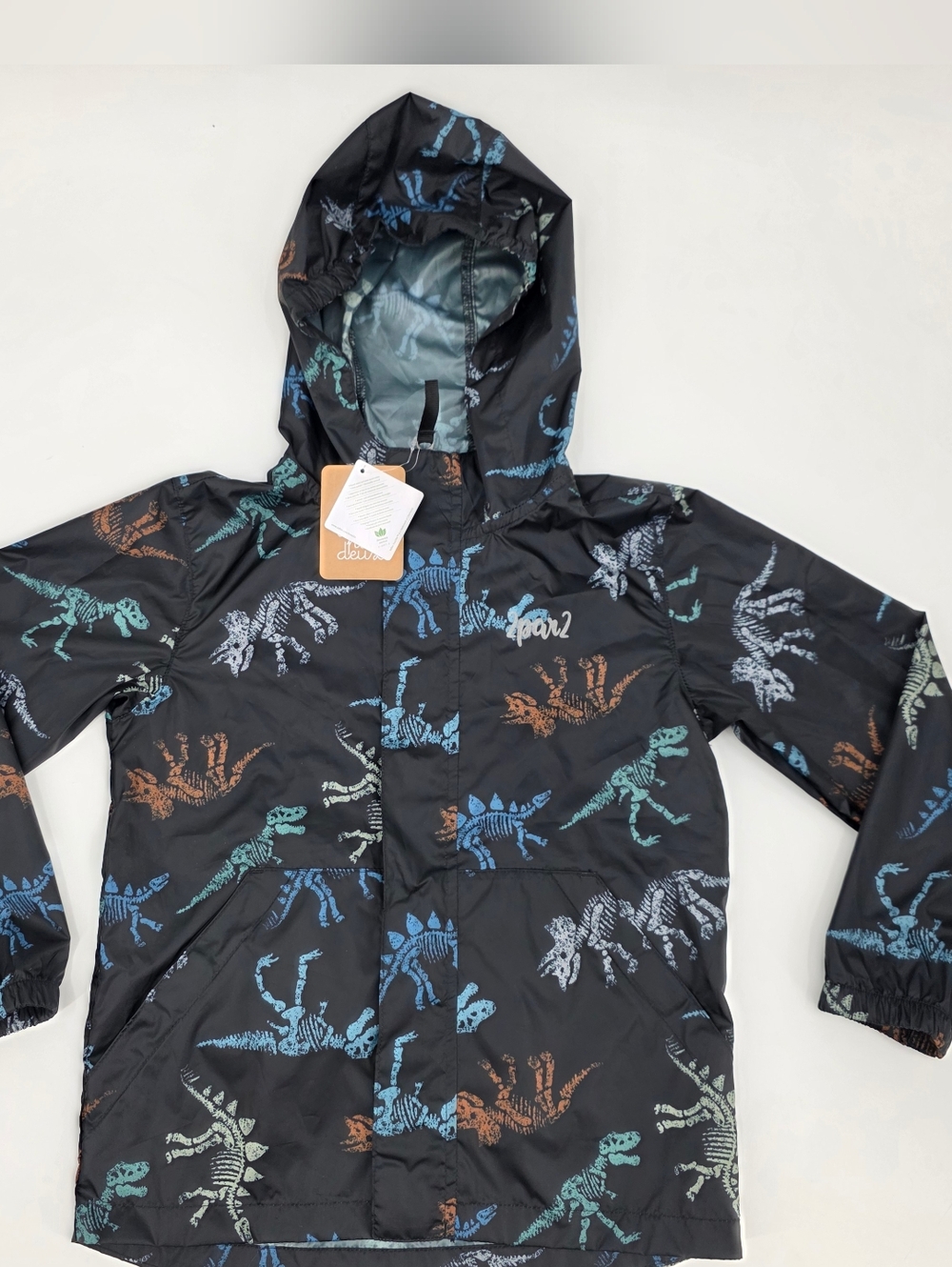 Deux Par Deux Packable Windbreaker Black Printed Dinos Skeleton Size 7/8 NWT